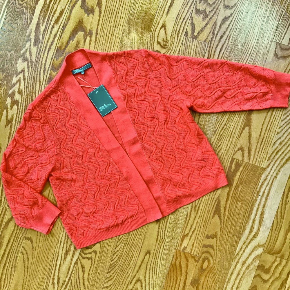 Light Zig Zag Weave Open Cardigan in Coral NWT